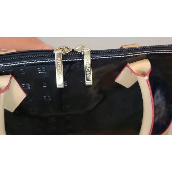 Arcadia Italian Bugatti Black Patent Leather Satchel Dome Handbag Tan & Red Trim - Picture 5 of 12